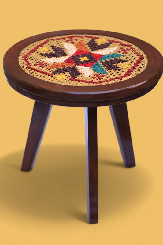 Round cross stitch embroidered Table - 19 x 21 inches