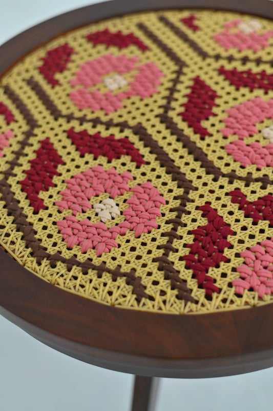 Rose embroidered round coffee table - 20 x 22 inch