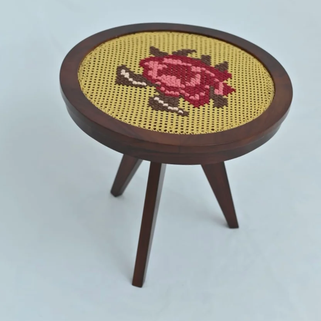 Blooming rose embroidered Round coffee table - 20 inch