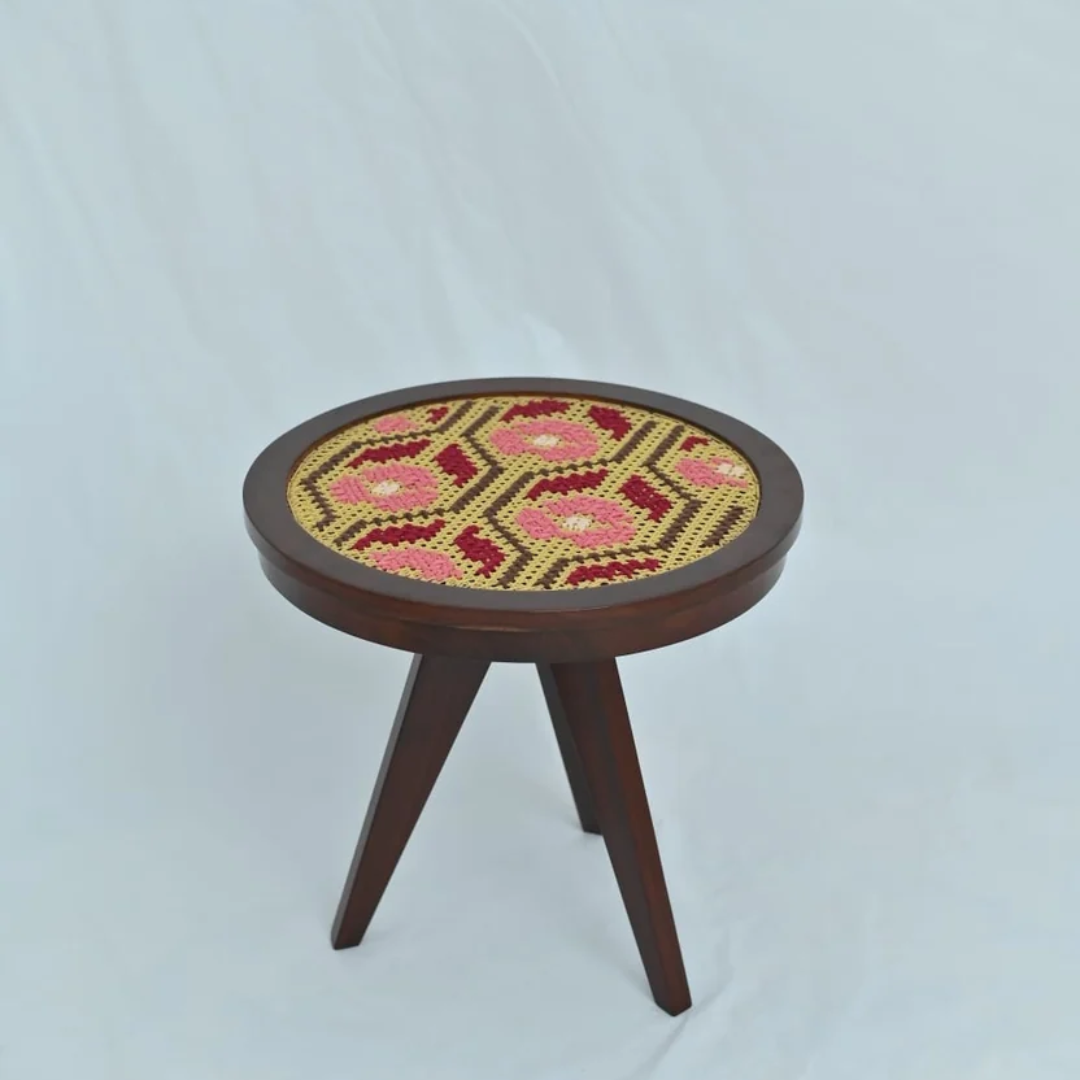 Rose embroidered round coffee table - 20 x 22 inch