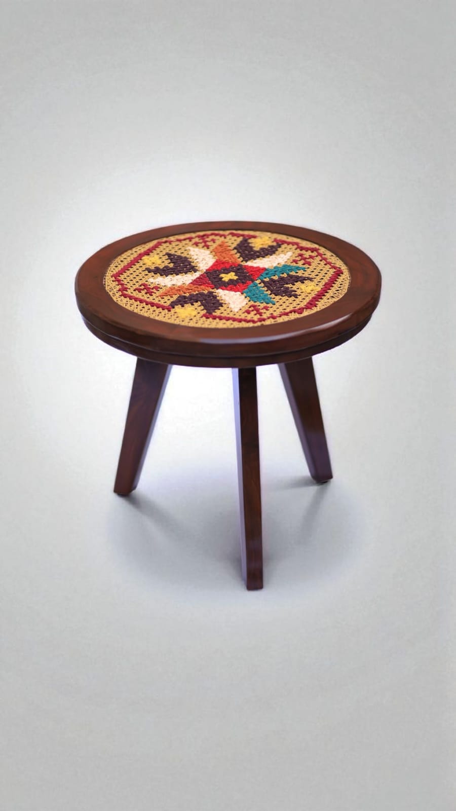 Round cross stitch embroidered Table - 19 x 21 inches