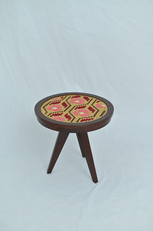 Rose embroidered round coffee table - 20 x 22 inch