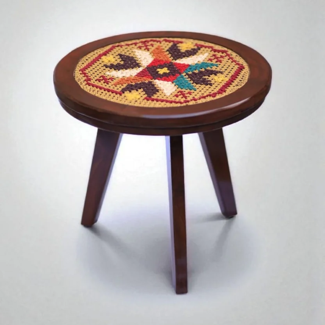 Round cross stitch embroidered Table - 19 x 21 inches